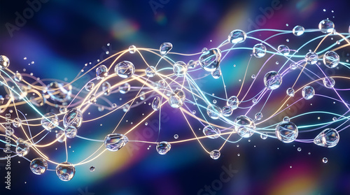 Liquid Glass Droplet Network Background with Floating Transparent Crystal Elements