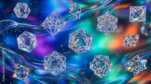 Quantum Liquid Glass Background with Floating Transparent Crystal Structures and Vibrant Refractions