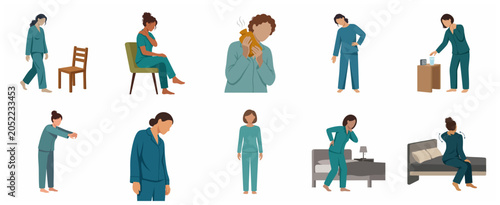 Fotografie Collection of women in pajamas experiencing morning fatigue, back pain, and phys