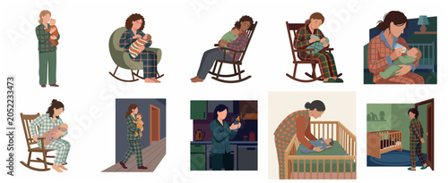 Collection of illustrations depicting mothers caring for their newborn babies at night, including feeding, rocking to sleep, and nursery routines in flat design style.