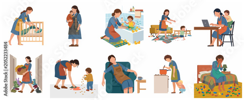 Obraz na płótnie Set of illustrations depicting the daily life and challenges of motherhood, featuring a tired mom multitasking, cleaning, cooking, and caring for her child