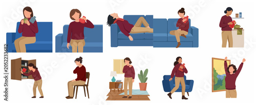 Canvas-taulu Set of illustrations of a sick woman with a hot water bottle, girl feeling pain in neck and stomach, menstrual cramps and muscle ache relief, home health care concept vector