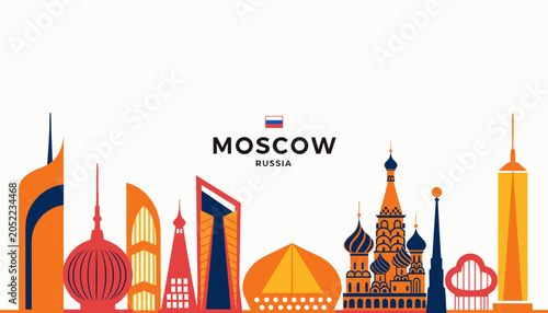 Vector illustration of Moscow skyline in colorful silhouette, with “MOSCOW” text, on white background, modern city identity and tourism design