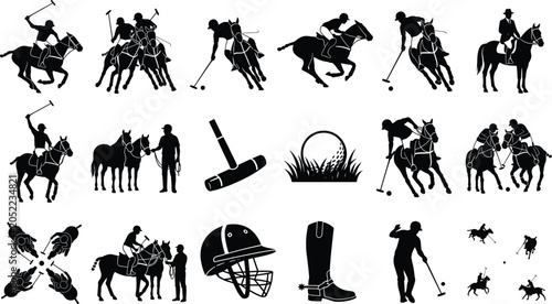Photos Polo sport silhouette set featuring players riding horses with mallets, equestri