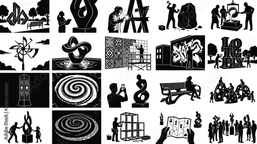 Foto Set of black and white silhouette vector illustrations depicting public art, sculpture making, metal welding, outdoor installations, and gallery exhibitions