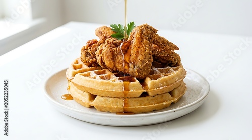 Crispy Fried Chicken Wings on Fluffy Waffles with Maple Syrup