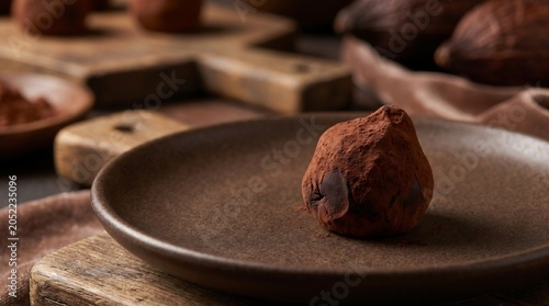 Cuadro en lienzo Freshly made artisan chocolate truffle on rustic plate with baking ingredients i