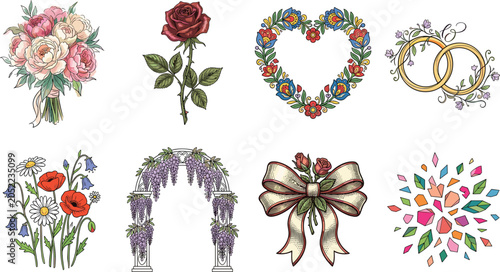Foto Set of vintage wedding and romantic floral design elements including bouquet, ro