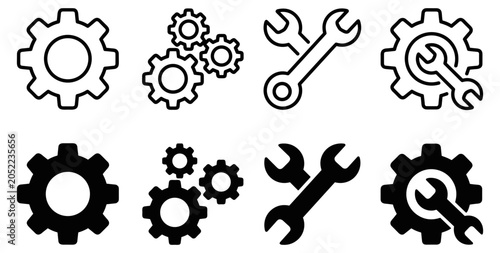 Foto Set of gear and wrench icons in black and white outline and solid styles represe