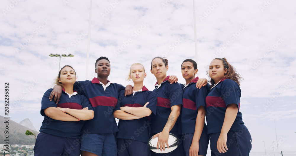 Fototapeta premium Sports, portrait and rugby with women on field for support, community and premiership league. Fitness, athlete and solidarity with group of people in club for tournament games, teamwork and training