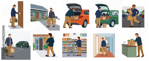 Photography Illustration set of a man's complete journey of grocery shopping from the superm