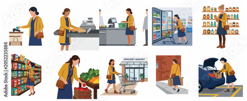 Set of vector illustrations showing a woman shopping for groceries at a supermarket, from selecting products to checking out and loading the car.