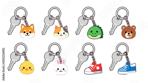 Foto Set of cute animal and shoe keychains with metal keys
