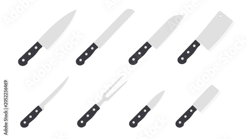Tableau sur toile Set of kitchen knives and carving fork in flat vector style