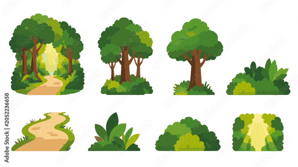 Fototapeta premium Cartoon forest trees bushes path and sunlight vector set