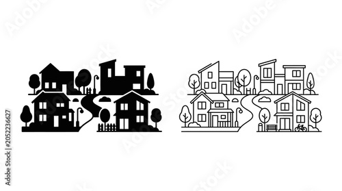 Townscape Illustration Black And White Line Art With Buildings And Trees