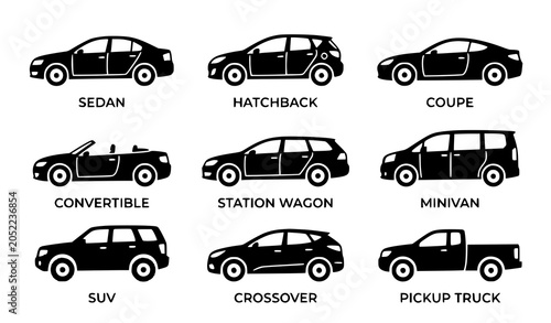 Bild auf Leinwand Black car silhouette vector set with multiple automobile body type icons