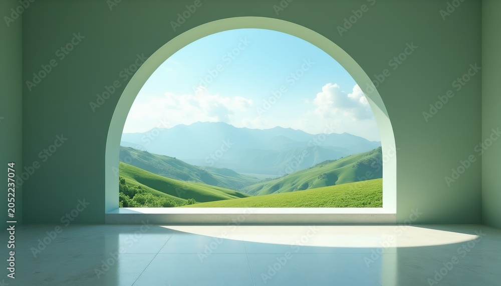 Fototapeta premium View of green rolling hills and distant mountains through an arched window. Bright blue sky with clouds above. Sunlight casts shadows on the floor.