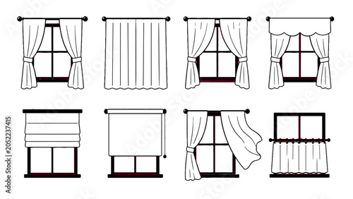 Bild auf Leinwand Set of window curtain and blind line icons