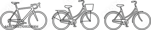 Foto Bicycle line art set featuring city bike with front basket classic road bicycle