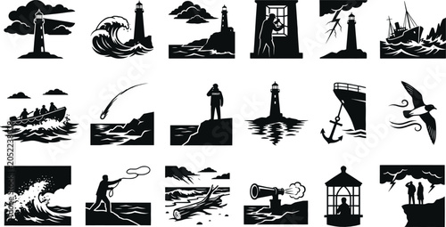 Quadro su tela A comprehensive collection of black and white vector icons illustrating maritime safety, lighthouses, stormy seas, and nautical rescue concepts