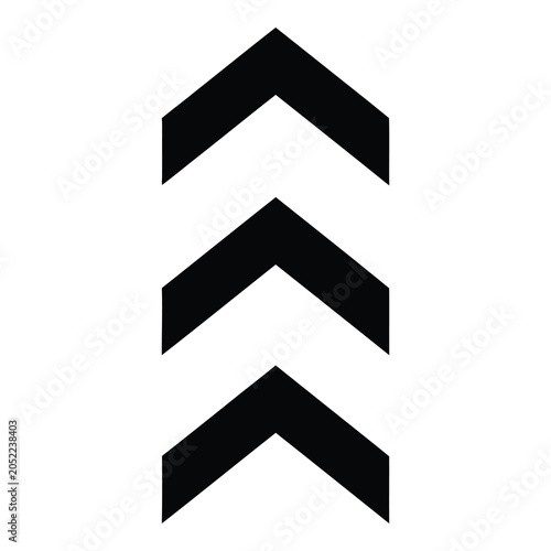 Three stacked black chevron arrows pointing upwards on a transparent background signifying progress and direction icon