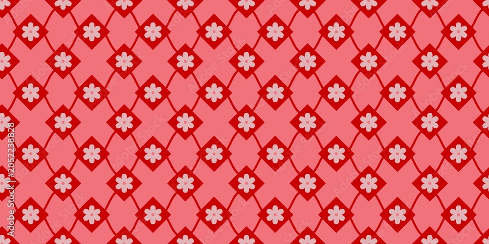 Fototapeta premium Seamless geometric pattern with red diamond shapes, wavy lines, and small pink flowers on a coral background. Ideal for textiles, wallpaper, wrapping paper, and festive backgrounds.