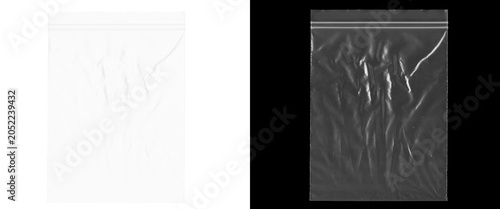 Transparent plastic zip bag texture, wrinkled polyethylene pouch overlay, clear ziplock packaging material on black and white backgrounds