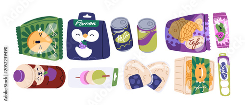 Asian grocery store food products set. Japanese and Korean snacks, drinks and...