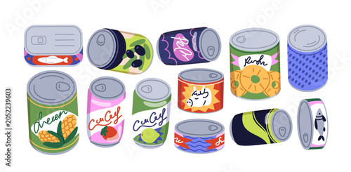 Conserved food, soda drinks in metal tin cans, jars. Preserve snacks, grocery...