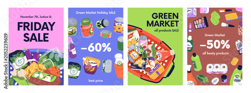 Sale poster designs set. Discount banner templates, promo cards for supermark...