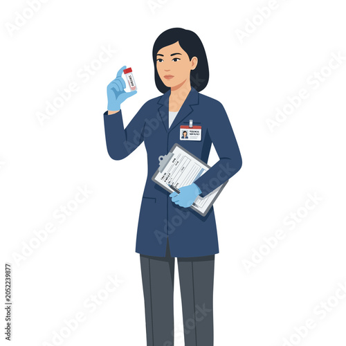Scientist holding medical sample vial and clipboard