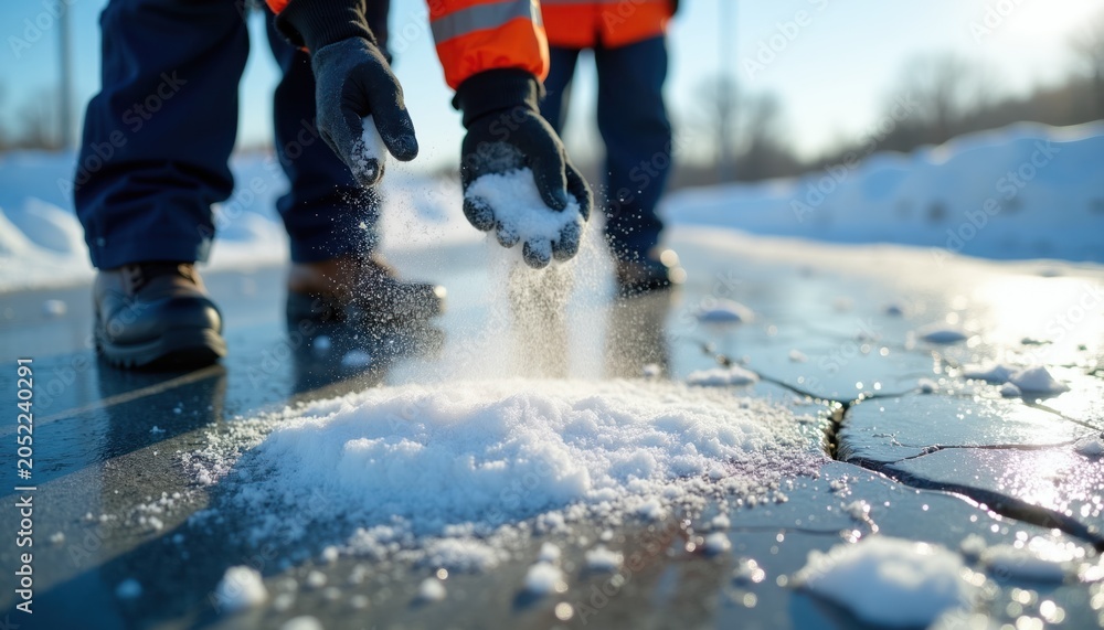 Naklejka premium Worker spreads salt on icy road surface to prevent slipping. Safety measure in cold winter weather conditions. Another person stands nearby.