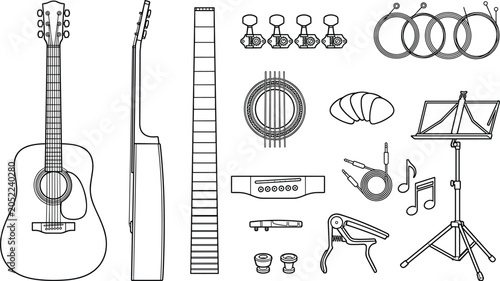 Acoustic Guitar Construction and Musical Accessories Line Icon Set with Minimalist Instrument Blueprint Parts Music Stand Strings and Capo Outline Icons