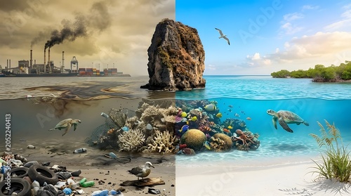A split screen image showing pollution and conservation side by side