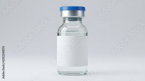 A clear glass vial with a blue cap and white label