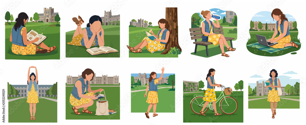 Fototapeta premium Female College Student Academic and Social Life Illustrations Set on University Campus