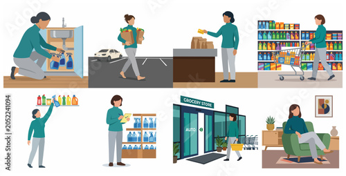 Canvastavla Set of vector illustrations depicting a woman's daily routine from grocery shopp