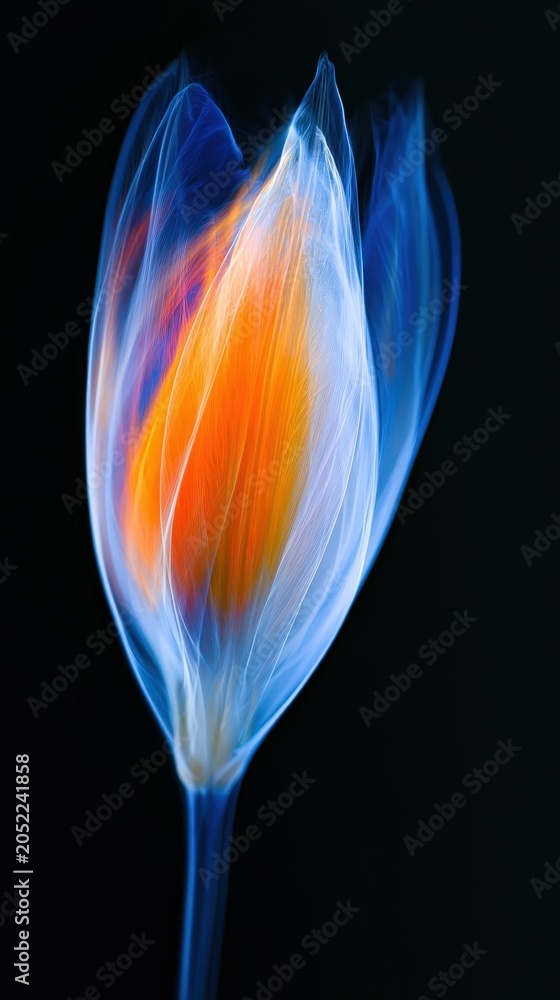 Fototapeta premium Ethereal glowing tulip bud with translucent blue petals and vibrant orange center on black background