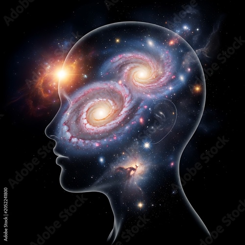Glowing Human Head Silhouette Filled with Spiral Galaxies in Deep Space