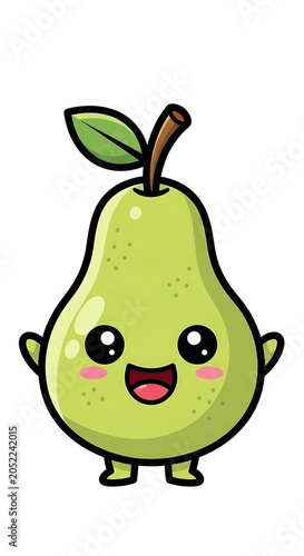 Cute Green Pear Character Smiling on White Background