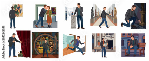 Foto Art Museum Heist and Gallery Mystery Concept Illustrations Set