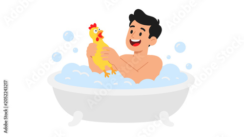 Obraz na płótnie Man bathing in a tub with bubbles and rubber chicken