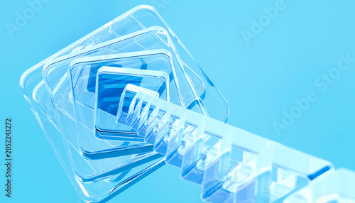 Abstract 3d rendering of transparent glass squares on blue