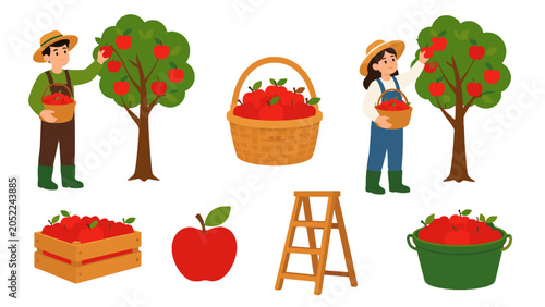 Bild auf Leinwand Apple picking set with farmers, trees, baskets and crates