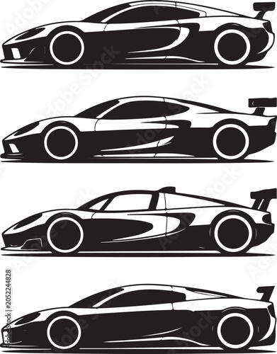 Collection of four sleek sports car silhouettes in side profile, showcasing aerodynamic shapes, rear spoilers, and low-profile racing