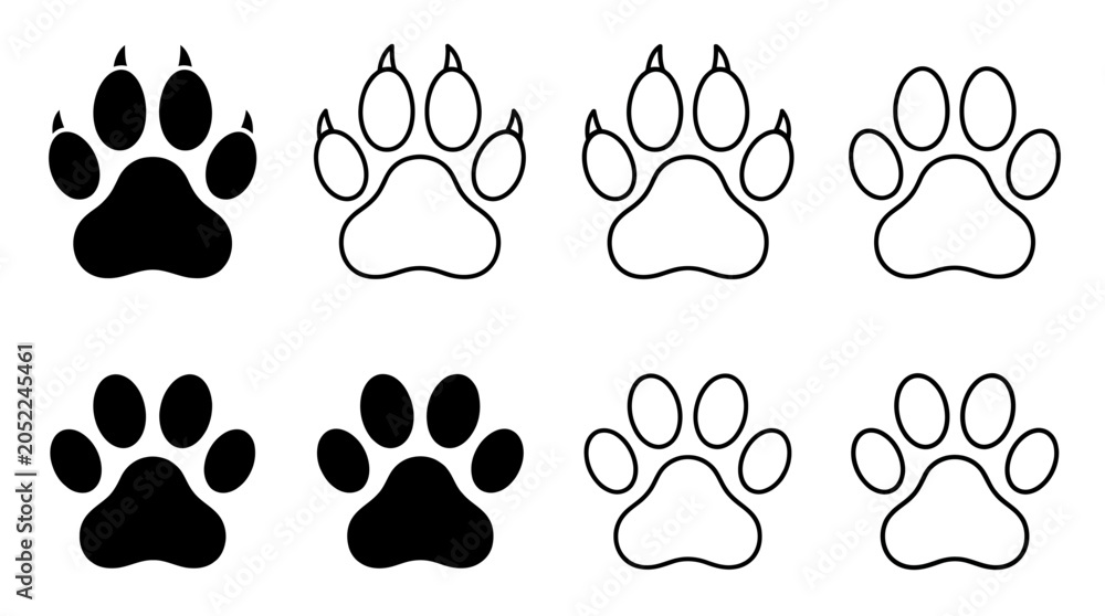 Fototapeta premium Animal Paw Prints Black And White Vector Illustration Collection