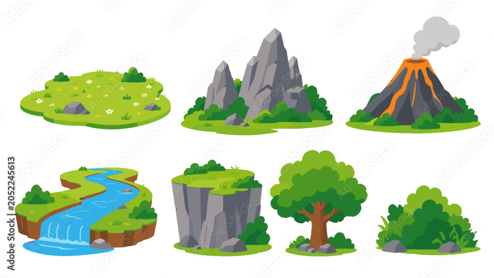 Obraz premium Cartoon landscape elements with mountain volcano river and trees