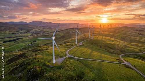 Schilderij op canvas Onshore Wind Turbines in Rolling Hills at Sunset for Renewable Energy