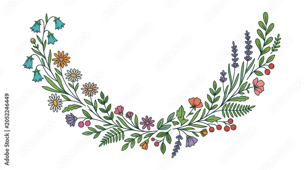 Fototapeta premium Whimsical Floral Wreath Garland - Delicate Flowers and Leaves